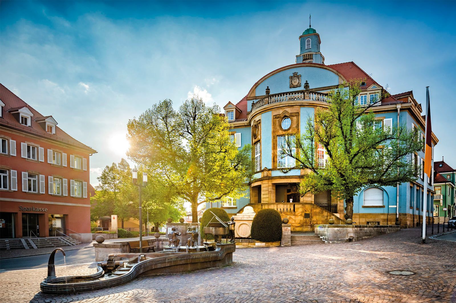Stadtkern: Blaues Rathaus und Musikantenbrunnen, Donaueschingen